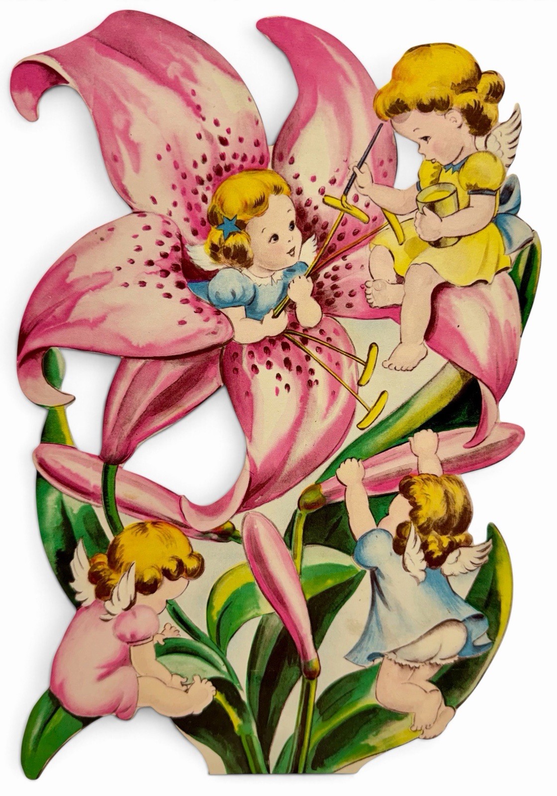 Giant 1947 Norcross 11” Die-Cut Stand-Up Easter Card Pink Lily’s & Cherub Angels