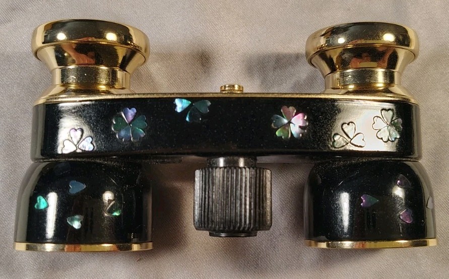 Vintage Mignon 2.5X Opera Glasses Japan Abalone Clover Inlay Black Enamel Case