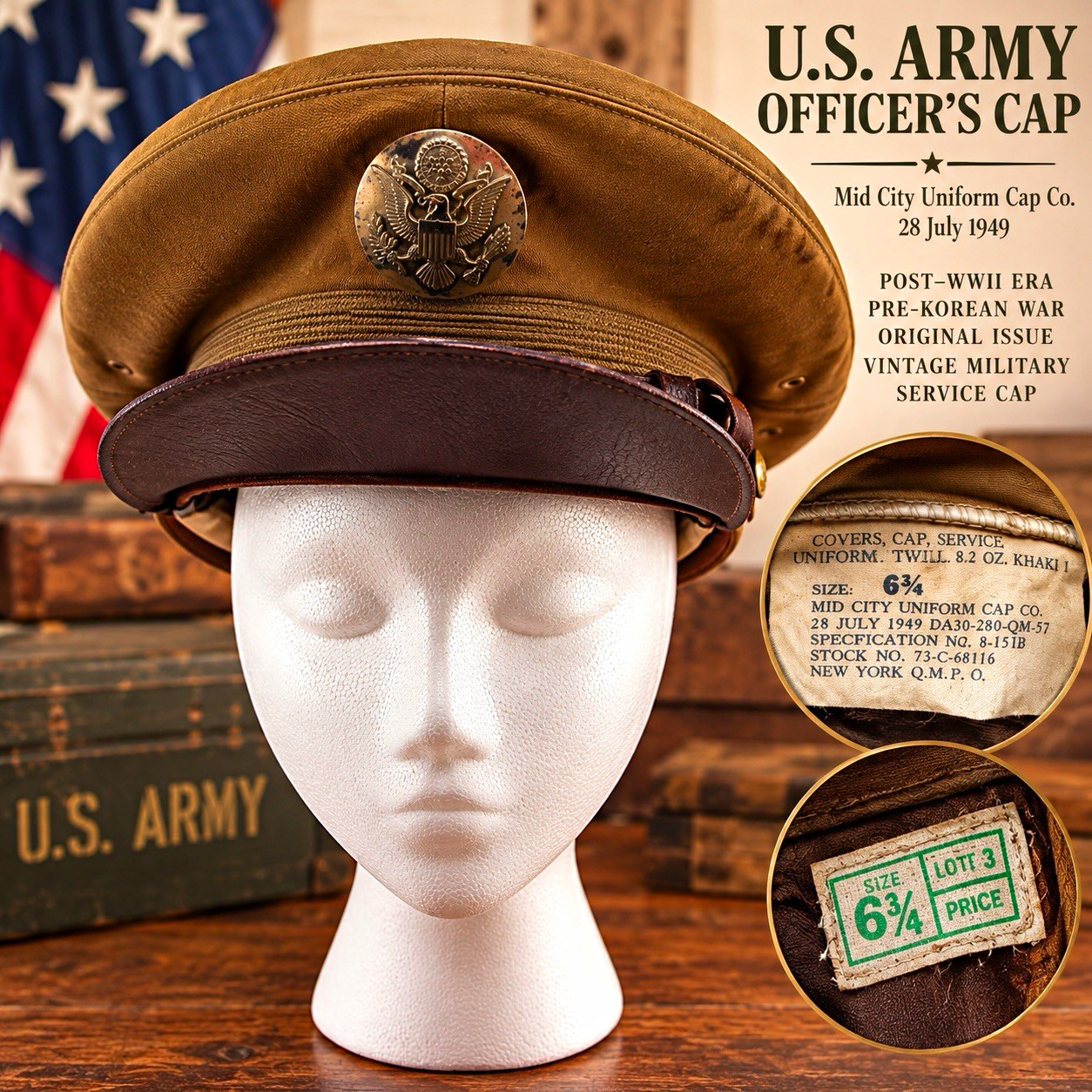 1949 US Army Officer Khaki Service Visor Cap Hat 6 3/4 Post WWII Original