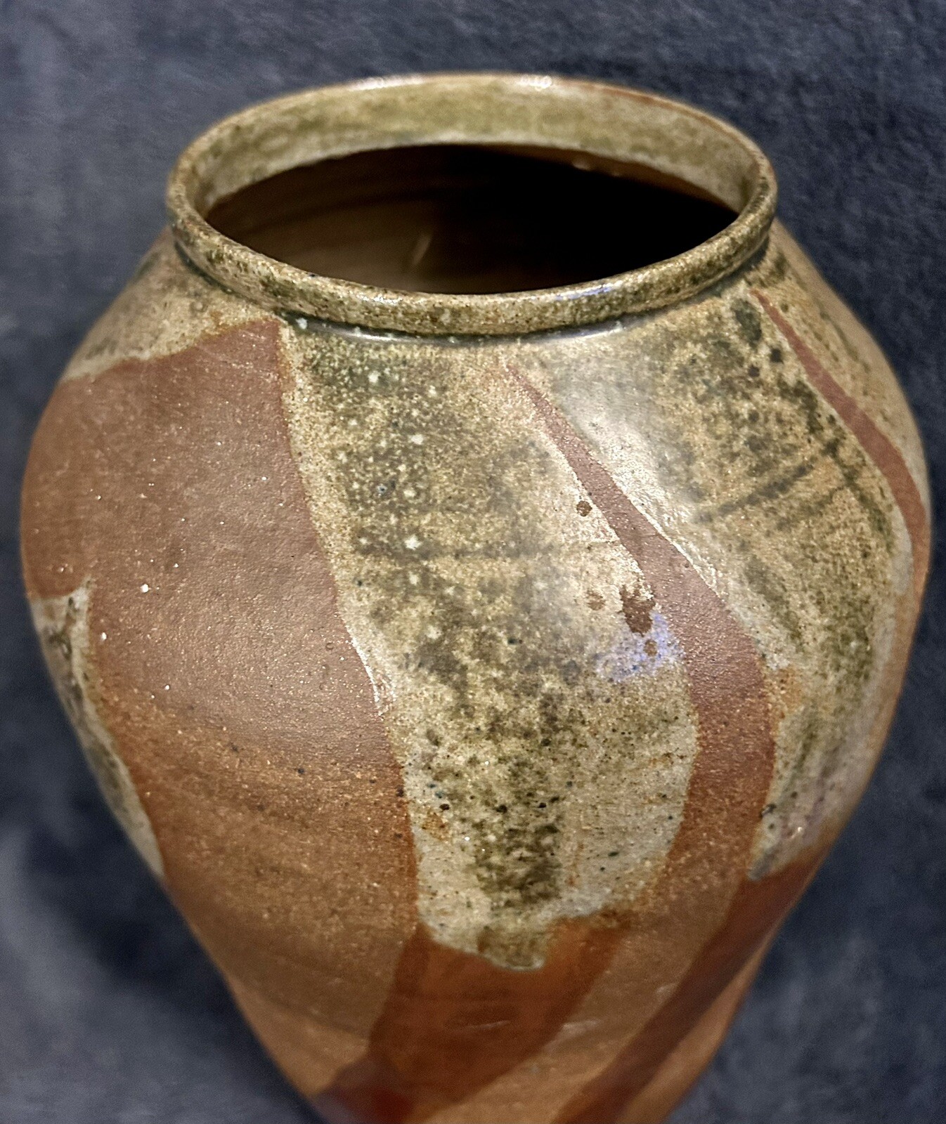 Old Japanese Stoneware Pottery Tea Leaf Jar Ash Glaze 12” C-1930s