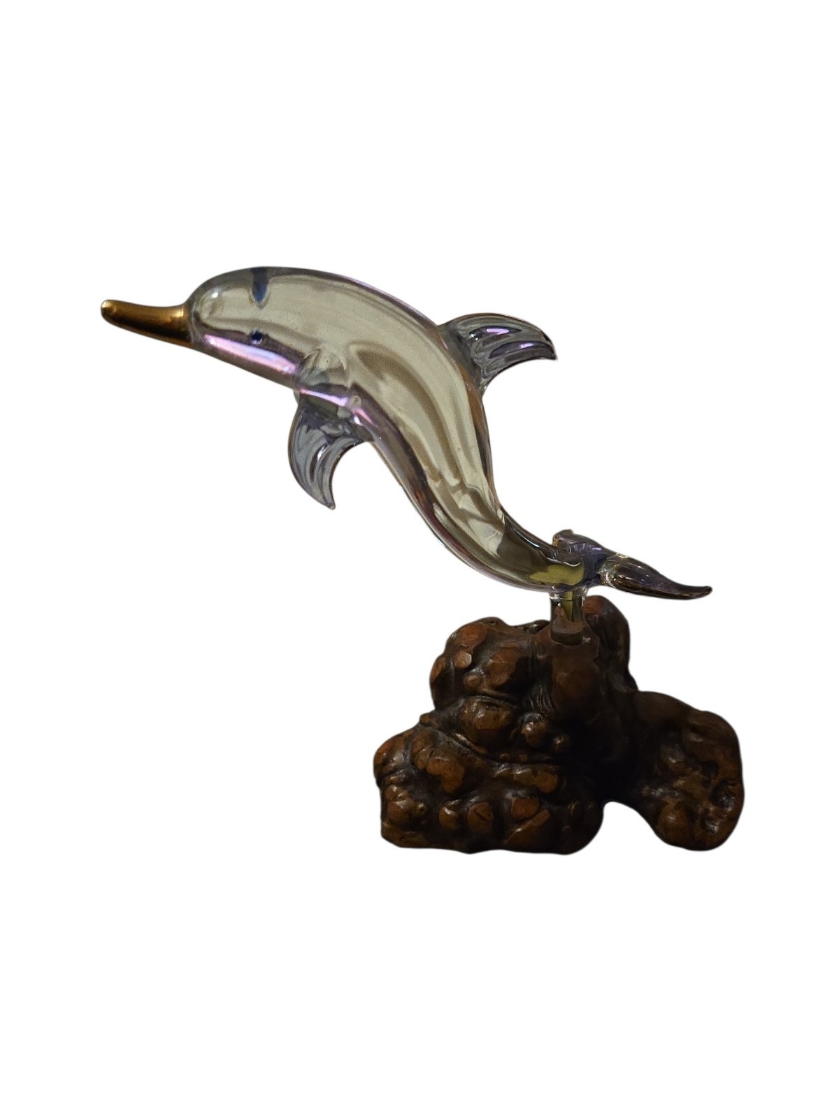 Vintage Glass Baron Dolphin w 22kt Accent Mounted on Petrified Wood Base
