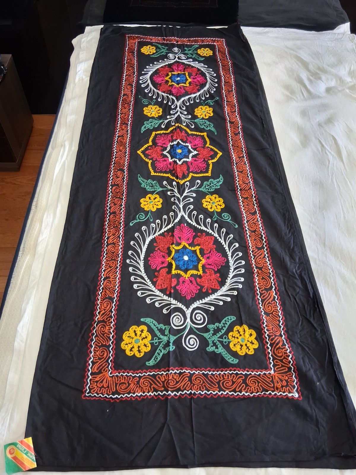 Suzani Black Fabric / Vintage Uzbek  Embroidery Table Cover Tapestry Rare 