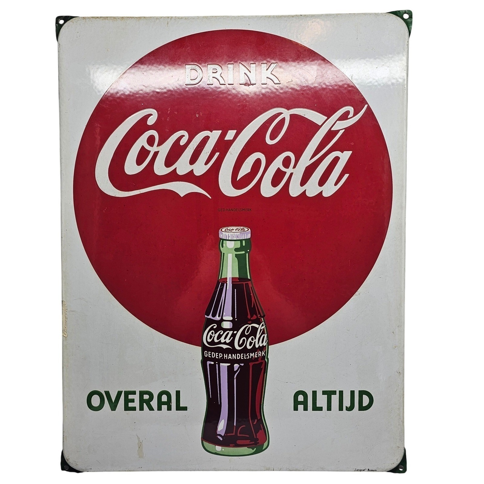 Absolute Rare Coca-Cola Vintage Enamel Sign Langcat Bussum Red White 1920s