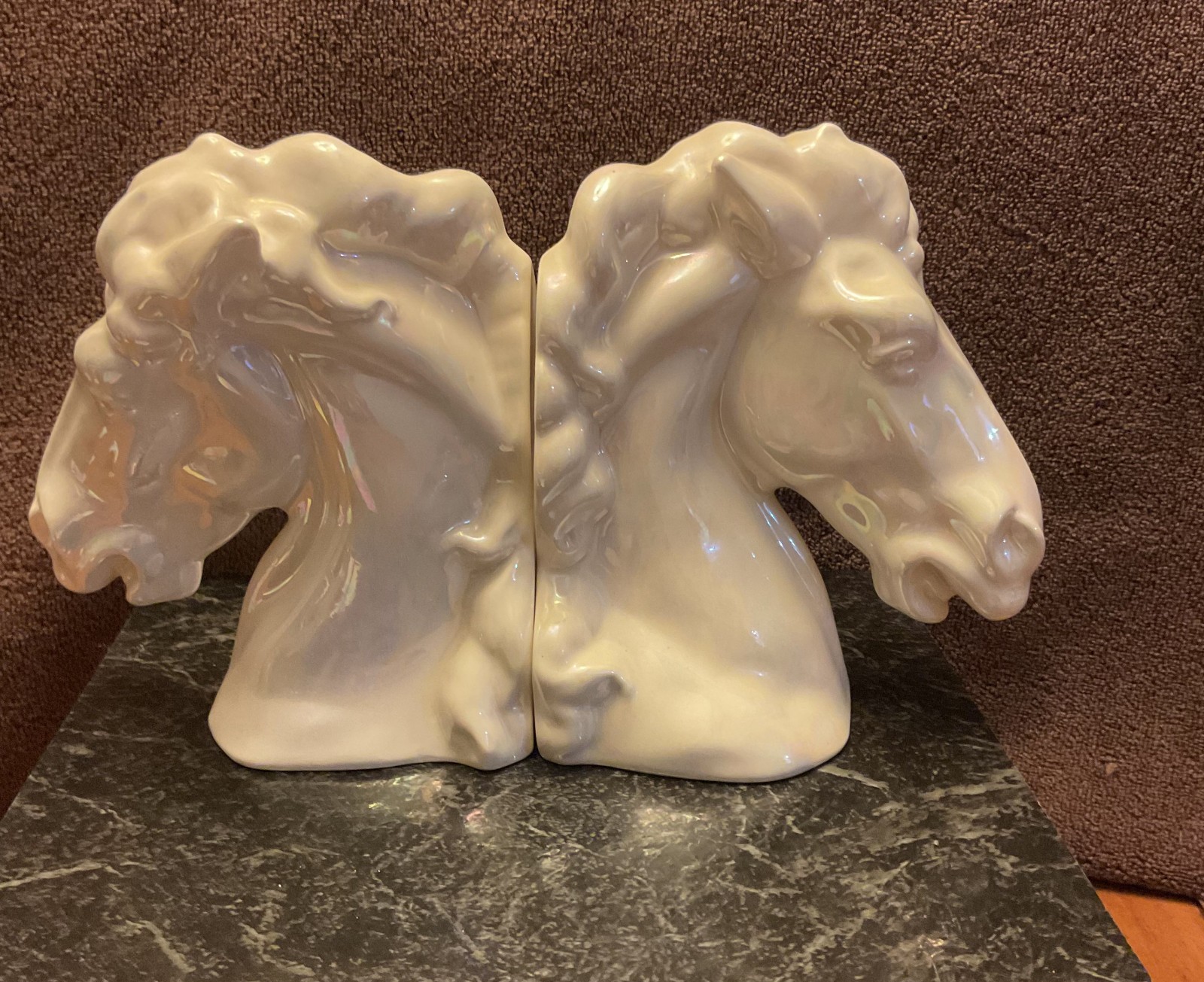 Vintage 1971 Iridescent White Horse Head Bookends Time Life Western Books Set