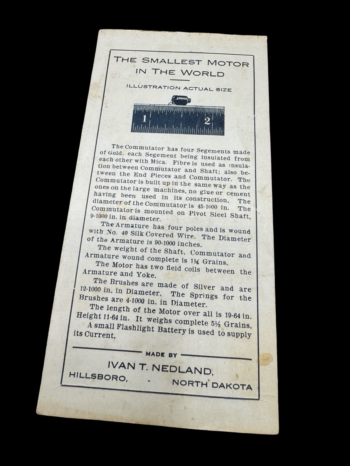 Smallest Motor in the World Card Ivan T. Nedland Hillsboro ND Vintage