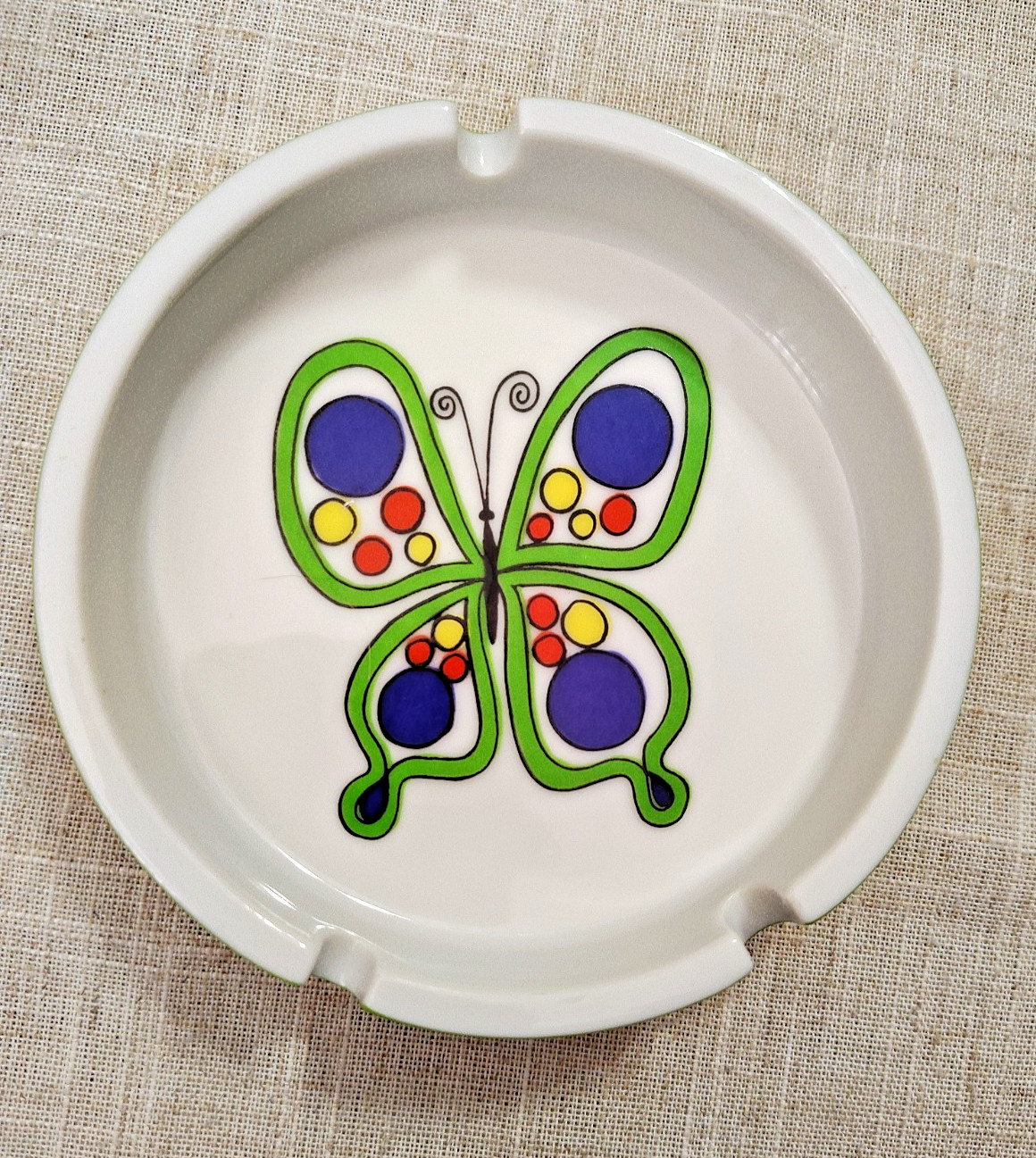 Vintage Psychedelic Butterfly Ceramic Ashtray Green Base 4-1/2\