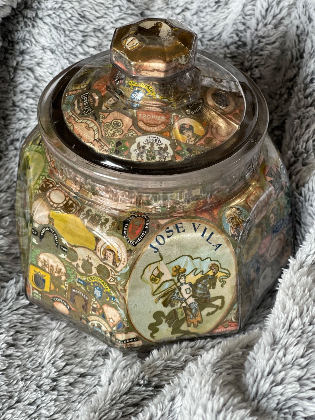 Antique Victorian Cigar Band Decoupage Glass Jar Hollow Folk Art Tampa Tobaccian Antique Victorian Cigar Band Decoupage Glass Jar Hollow Folk Art Tampa Tobaccian