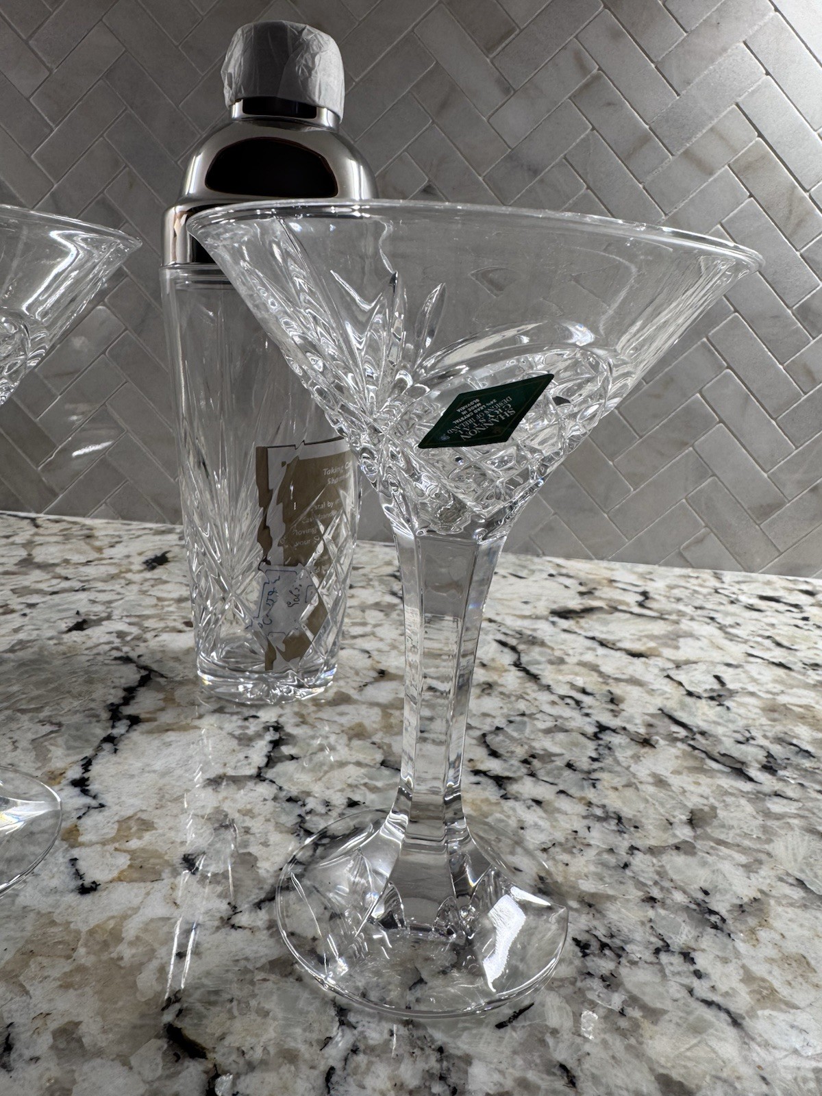 Shannon by Godinger Crystal Cocktail Shaker Martini Glass Set Cut Barware