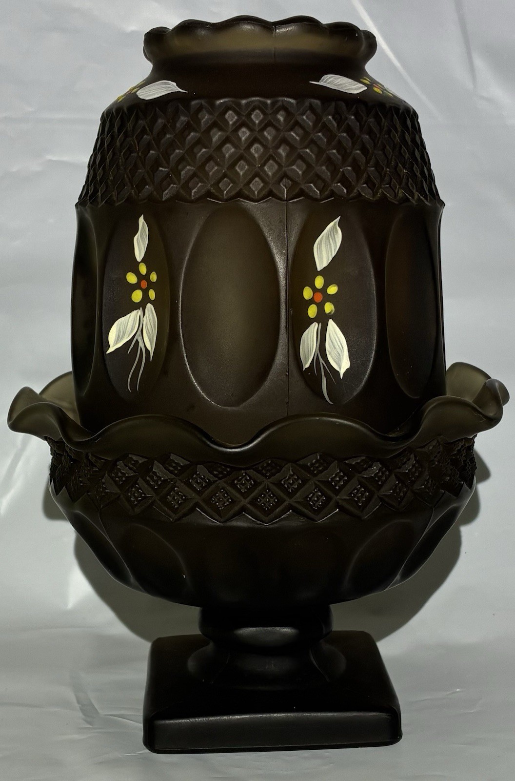 Vintage Westmoreland Glass Brown Satin Fairy Lamp Hand Painted