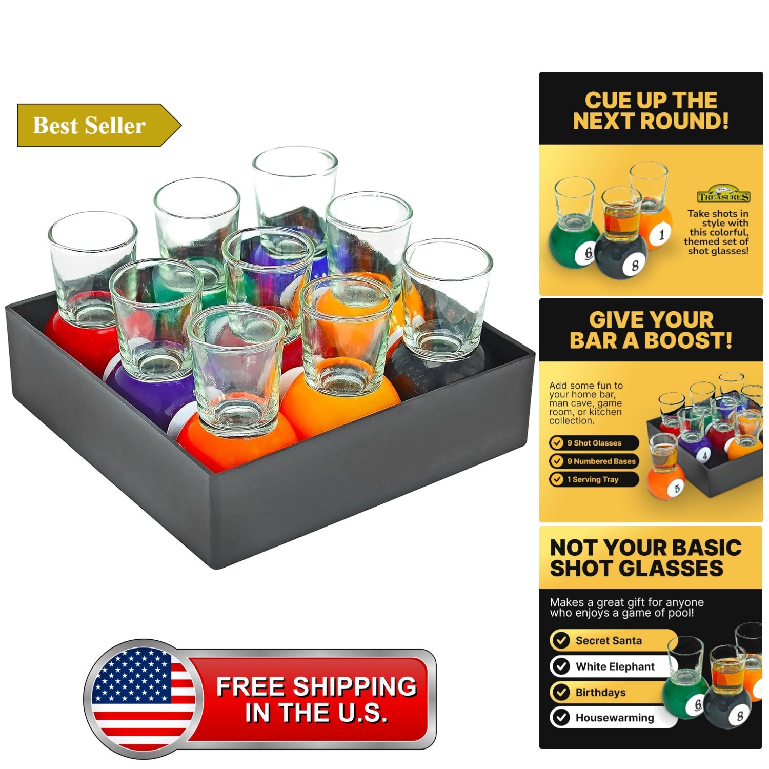 Billiards Pool Ball Shot Glasses, Set of 9 - - Fun Sports Bar Drinking Gift P...