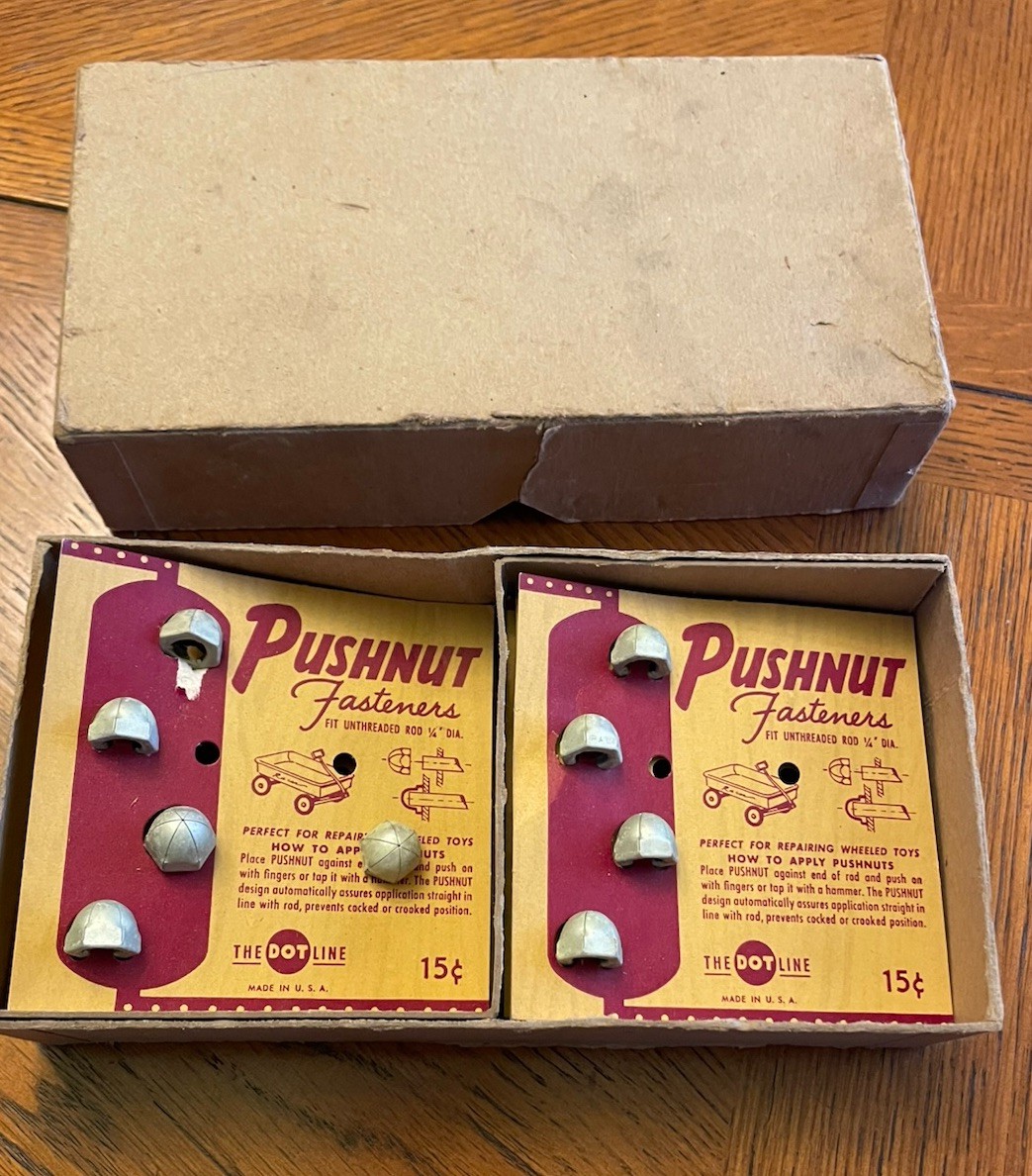 Vtg 1950s Pushnut Fasteners The Dot Line 1/4” Toy Repair 15¢ Cards 7 In Box