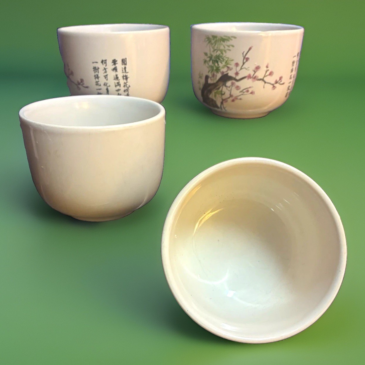 Vtg Chinese Porcelain Tea Cups Set of 4 Calligraphy Blossom Bamboo Design