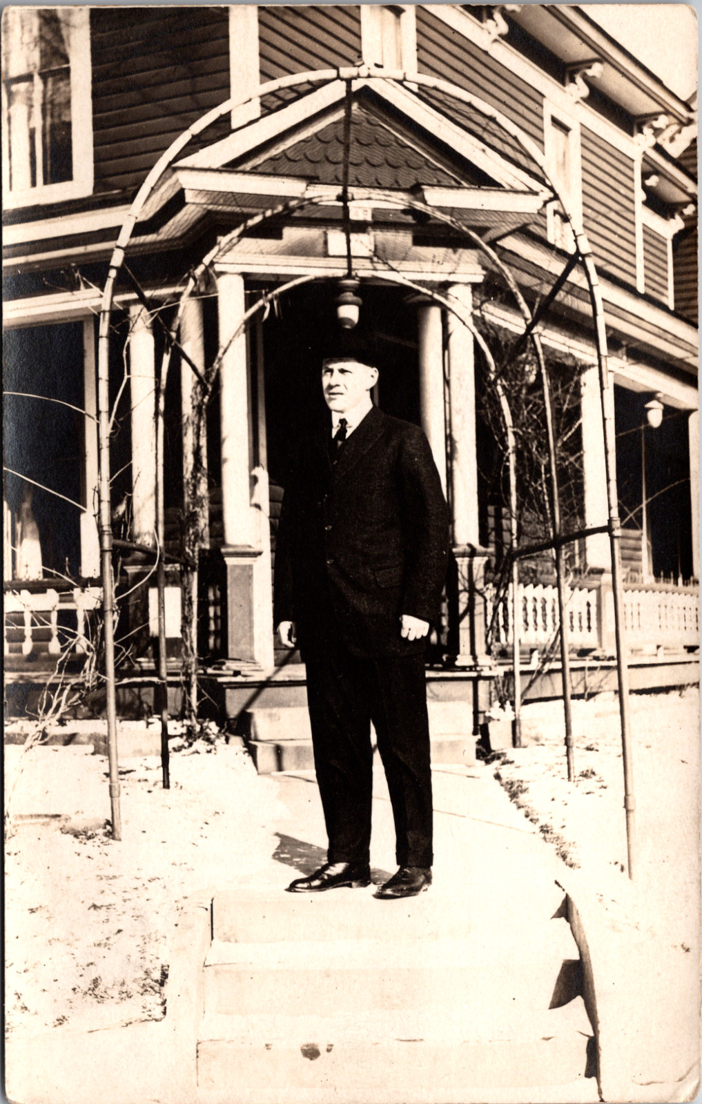 Antique RPPC Man Derby Hat House Porch Garden Arbor Trellis Real Photo Postcard