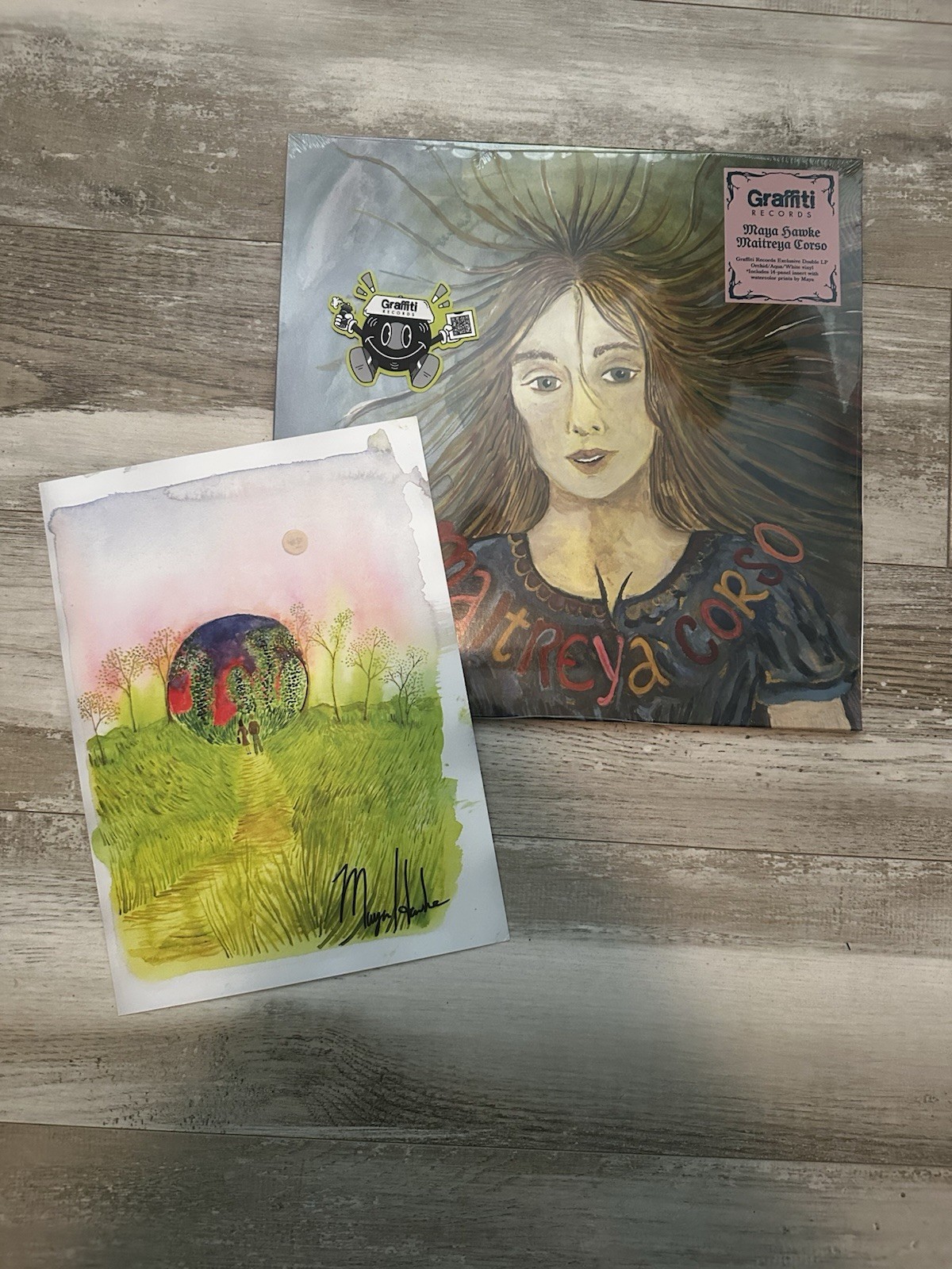 Maya Hawke SIGNED Maitreya Corso LP Vinyl Record Aqua White Orchid Print