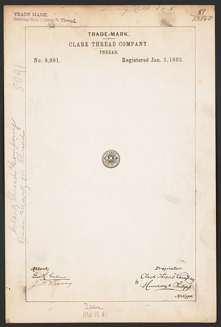 Photo:Clark Thread Company Trademark Registration O.M.T. Spool Cotton 1882