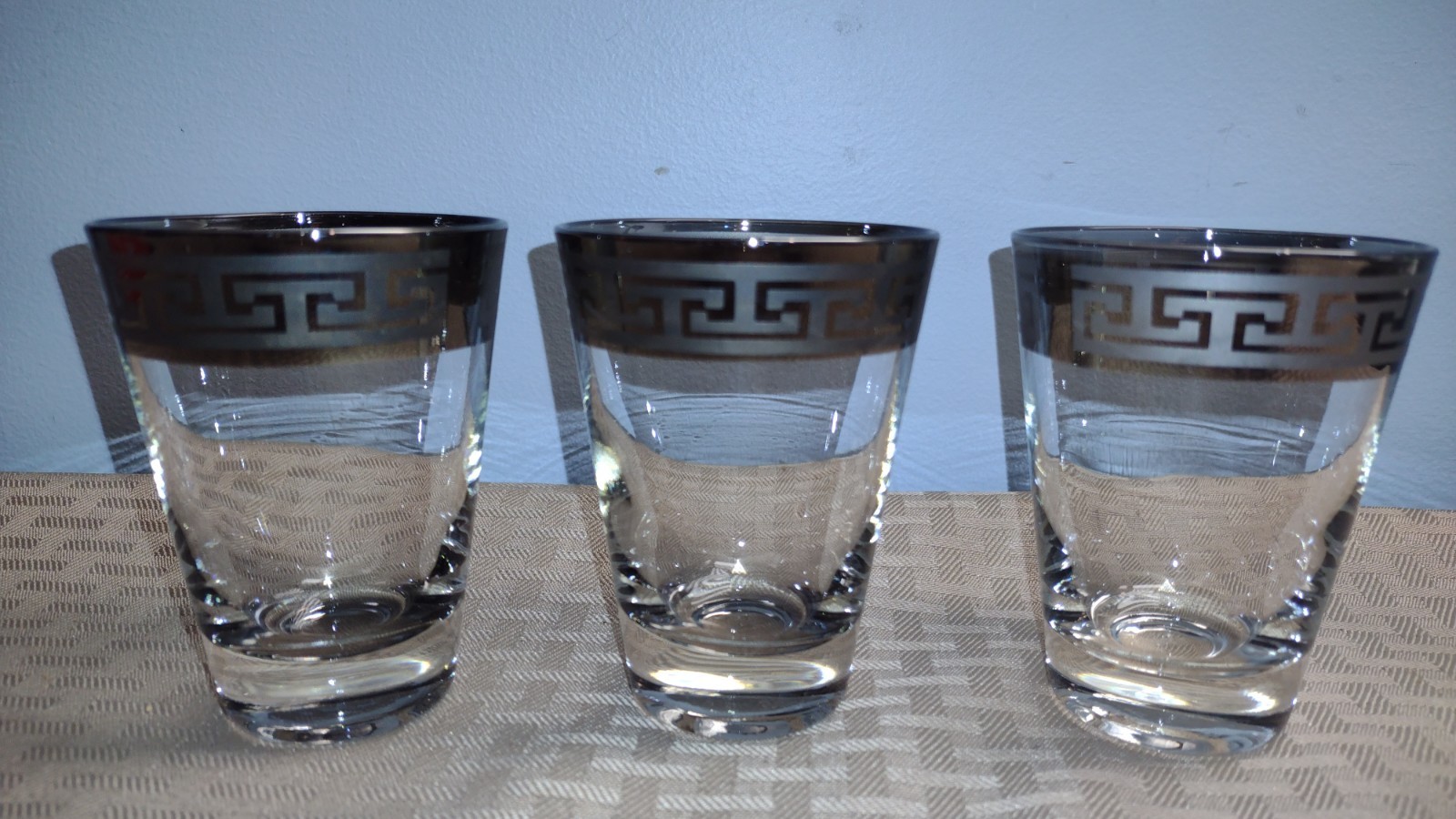 3 Vintage MCM Tall Shot Glasses with Gray/Silver Geometric Band on Rim 3.5\