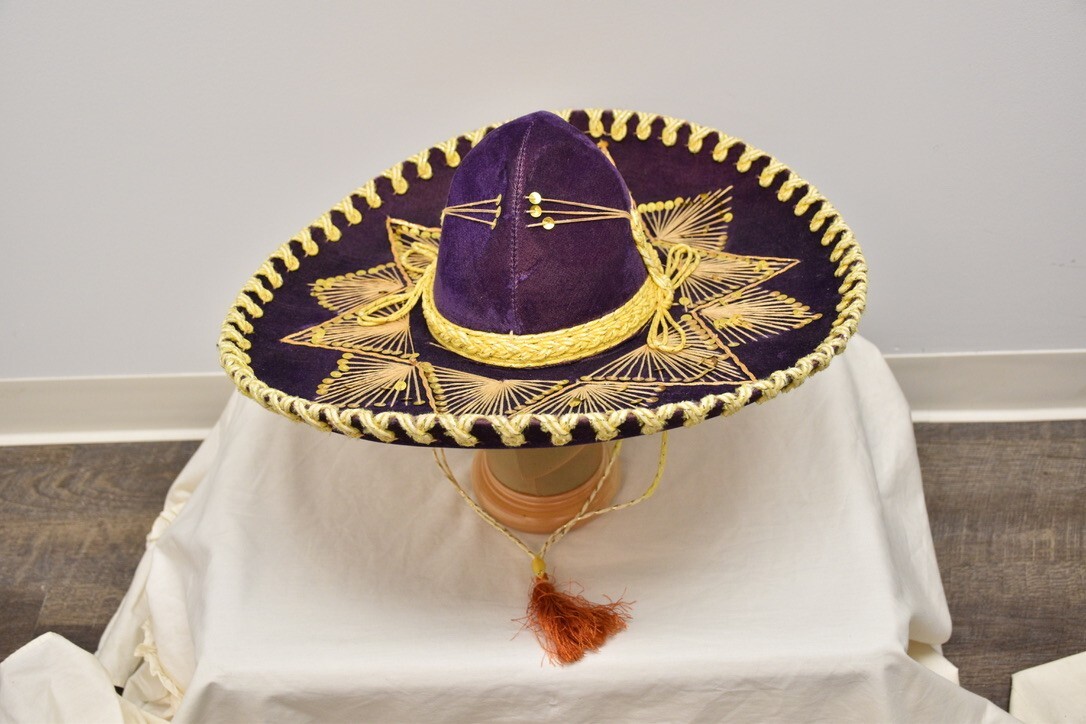 Vintage Pigalle Mexican purple, gold Velvet Sombrero Western Mariachi Hat.