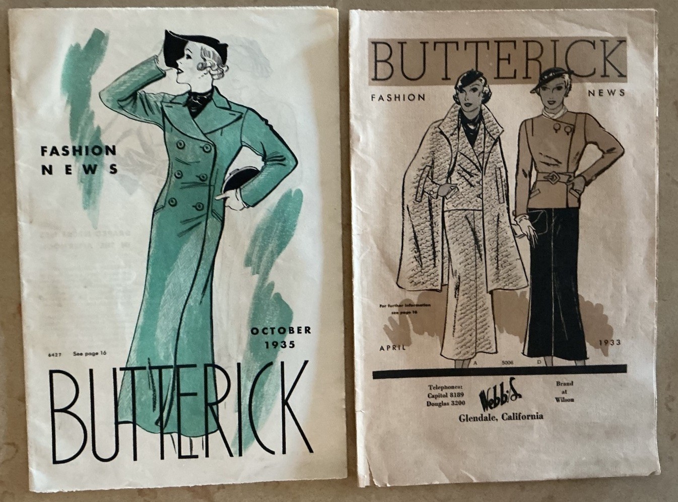 2 Vintage Butterick Fashion News 1933 1935 Webb’s Glendale CA Department Store
