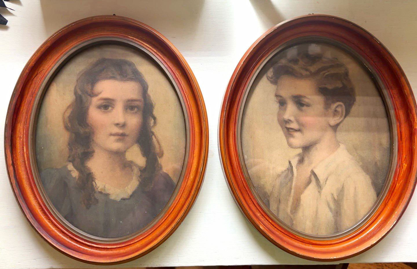 Vintage Hope Novelty Co Detroit Oval Boy Girl Portrait Prints Wood Frames Pair