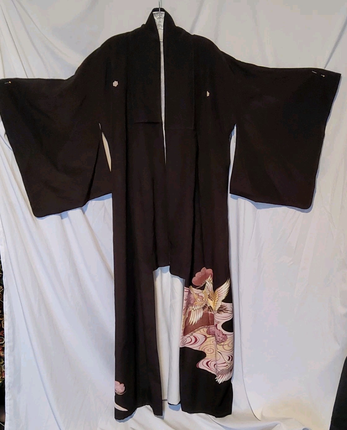 Vtg Japanese Kimono Robe Black Silk With Amazing Crane Woven Designs 56\