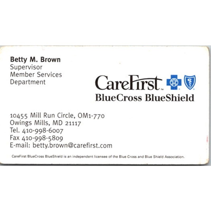 Carefirst Bluecross Blueshield BM Brown Owings Mills MD Business Card STB7-BC15