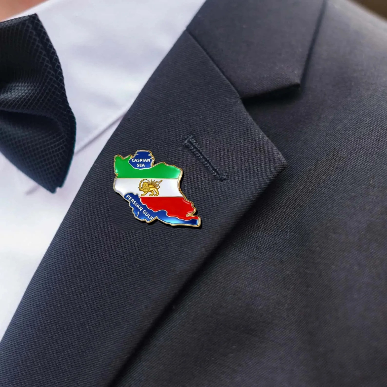 Historical Iran Flag Lapel Pin Lion & Sun Persian Empire Map Brooch Stainless St
