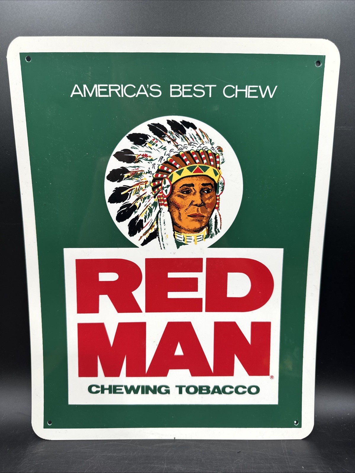 VTG ORIGINAL RED MAN CHEWING TOBACCO VINYL PLASTIC ADVERTISING SIGN 16 X 12