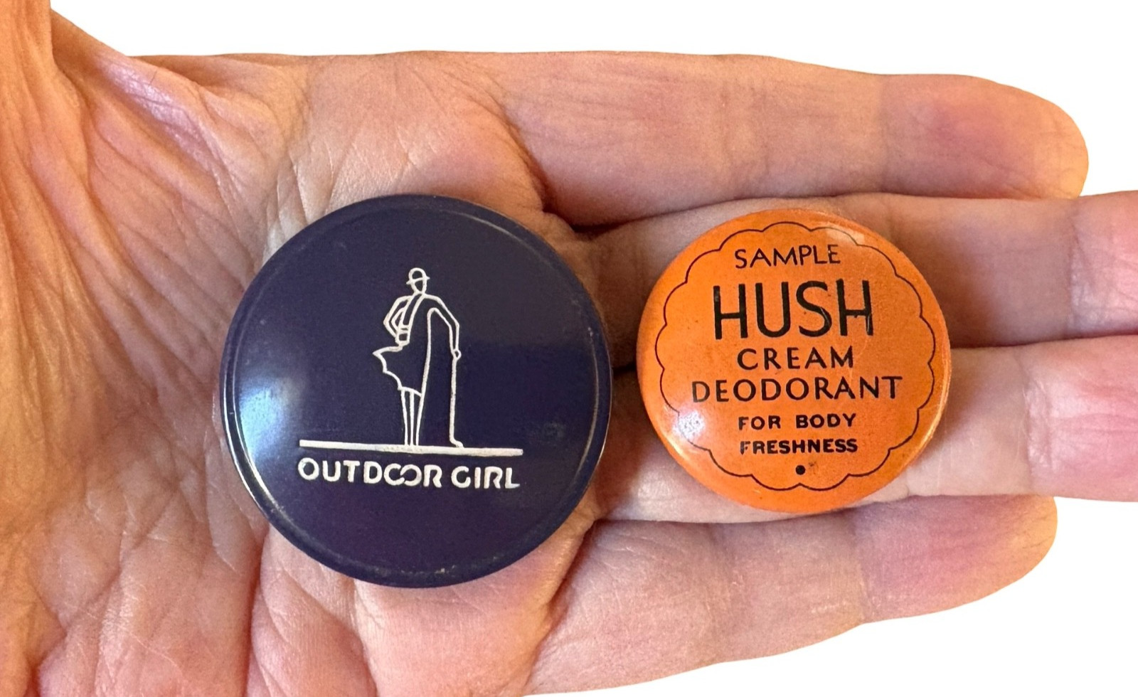 Vintage 1930s Makeup Sample Tins OUTDOOR GIRL Rouge & HUSH Cream Deodorant