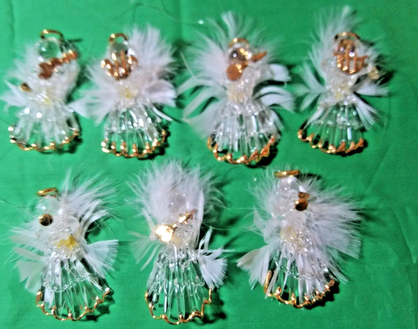 6 Spun Glass Angel Ornaments w/Feathers Musical Ornaments Gold Tone Trim 3