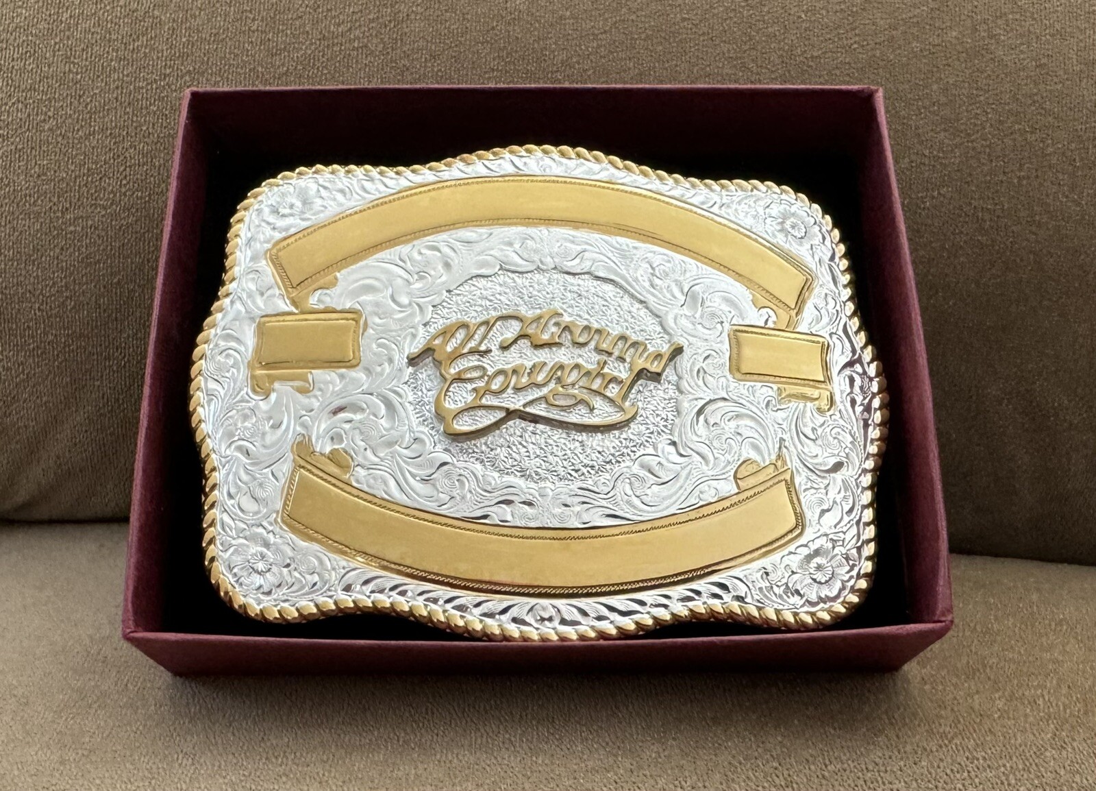 VINTAGE NOS NWT NIB HUGE CRUMRINE SILVER ALL AROUND COWGIRL TROPHY BELT BUCKLE