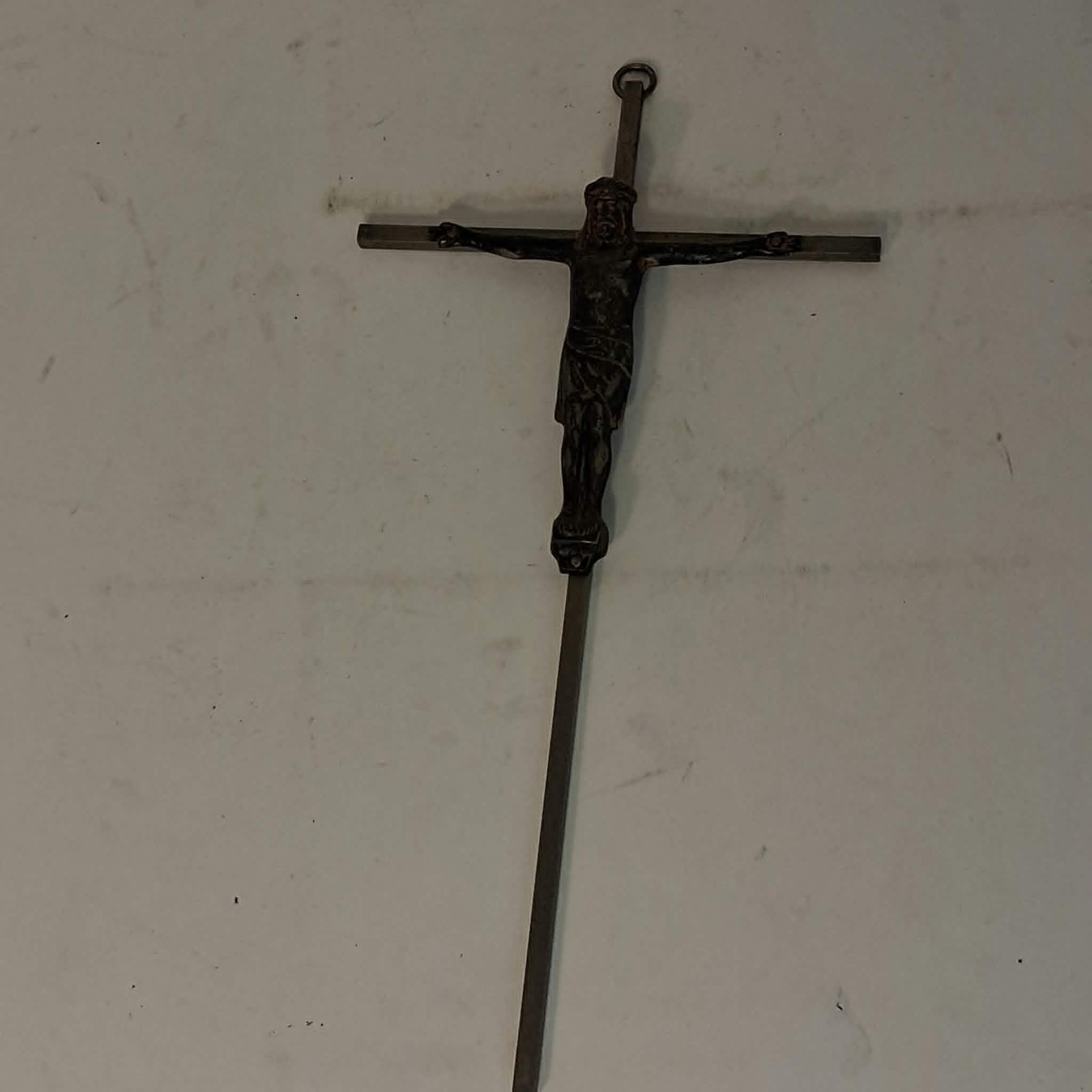 Vintage French Alter Ground Spike Crucifix Metal INRI Church Cross Processional