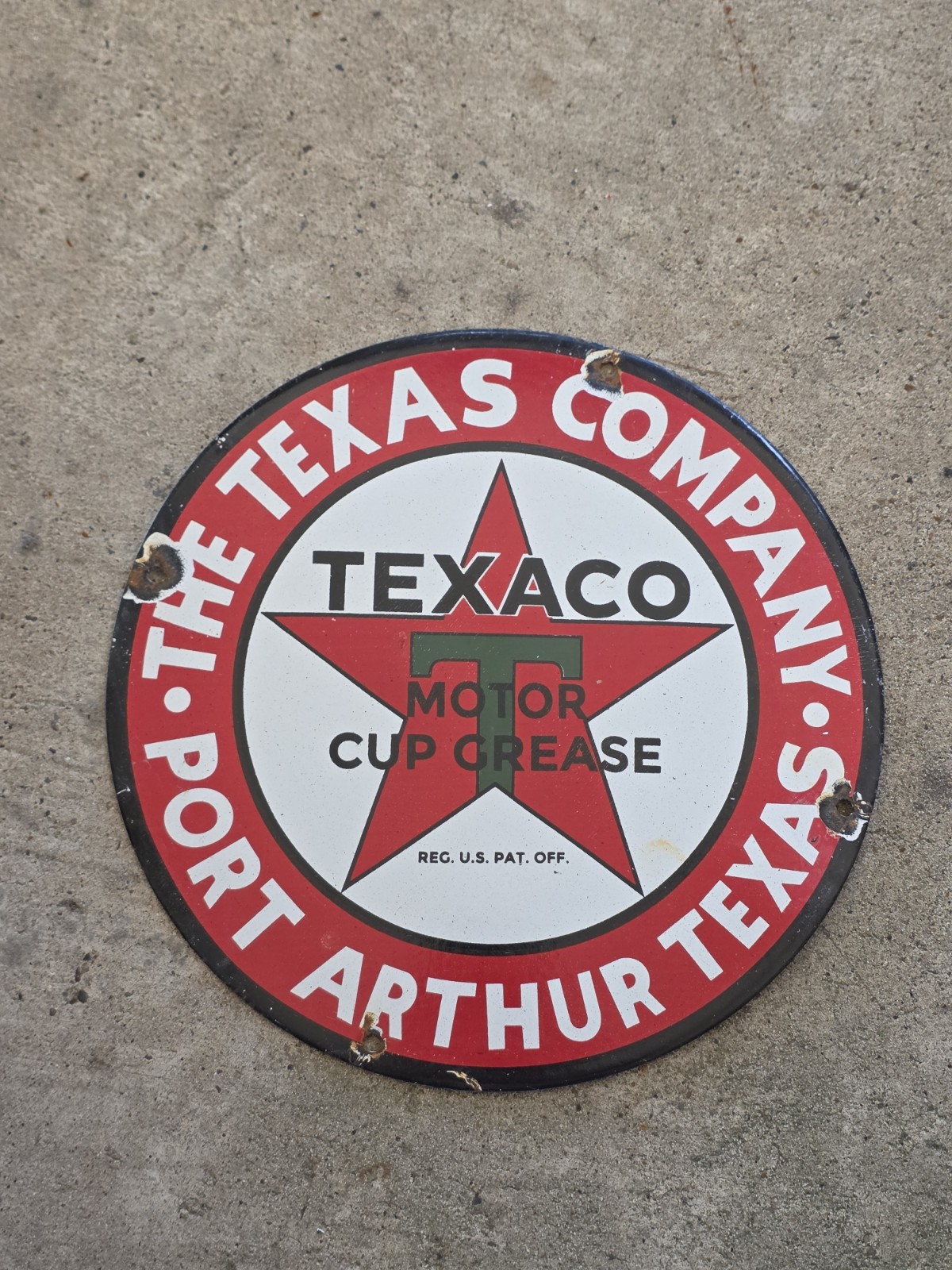 VINTAGE TEXACO MOTOR CUP GREASE PORCELAIN SIGN PORT ARTHUR TEXAS SIGN 12
