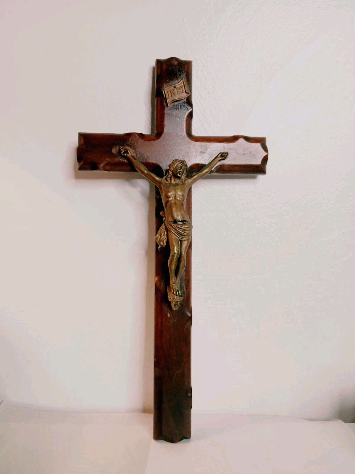  Vintage 20” Wood Crucifix Jesus Christianity Wall Cross Brass Inlay Wood Christ