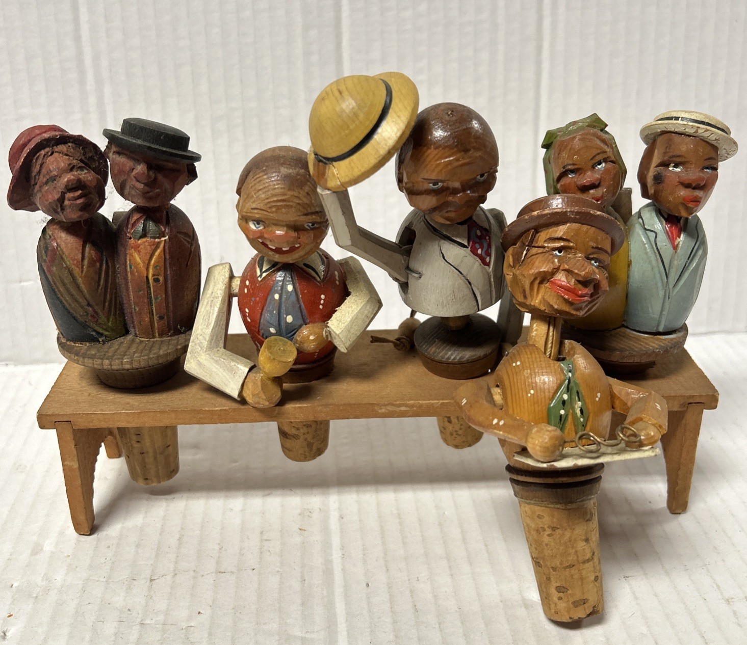 5 piece Vintage Hand Carved Wood Mechanical Articulating Cork Bottle Stoppers