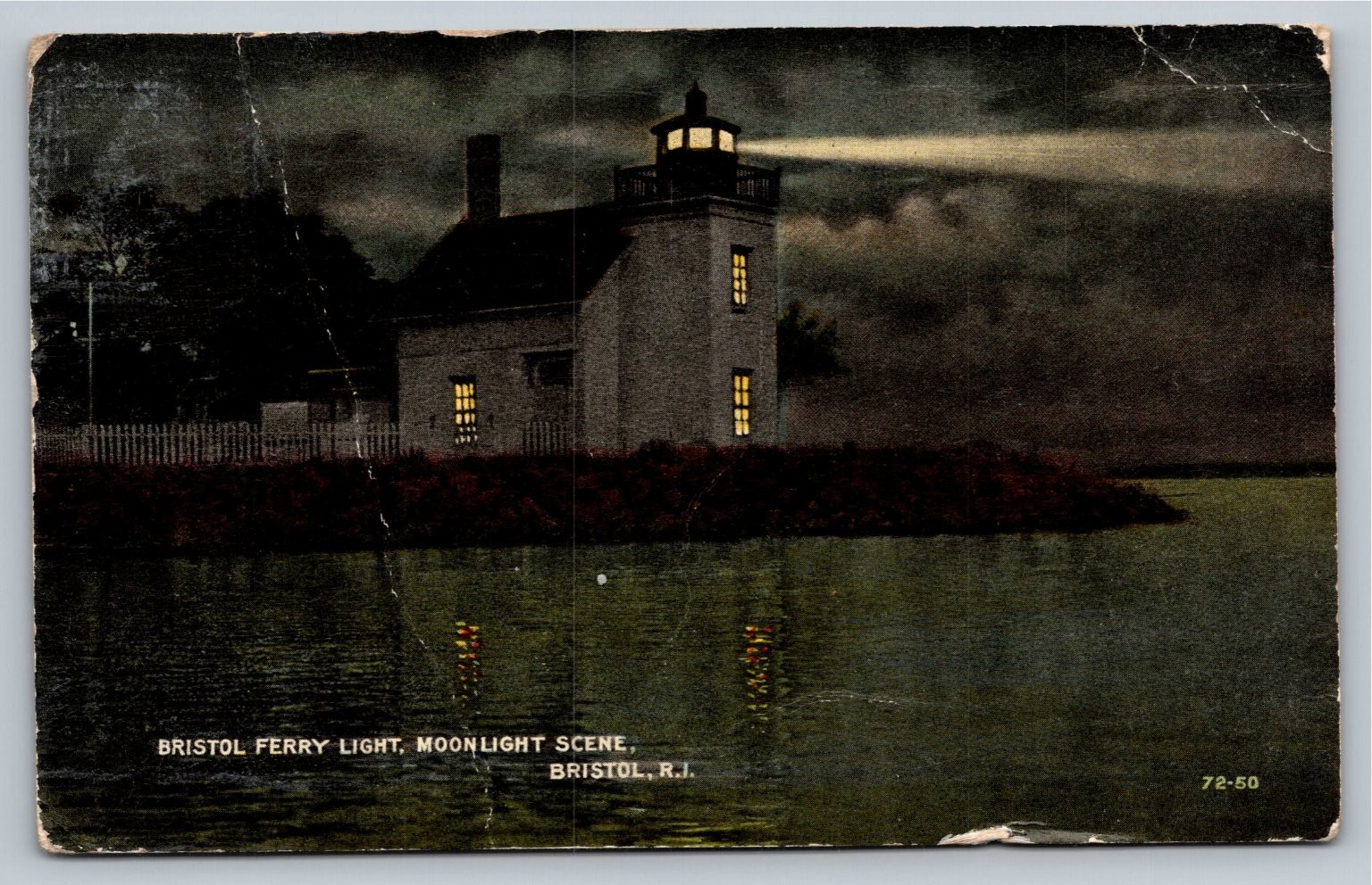 Bristol Ferry Light Moonlight Scene Postcard, Bristol RI Lighthouse, Posted 1917