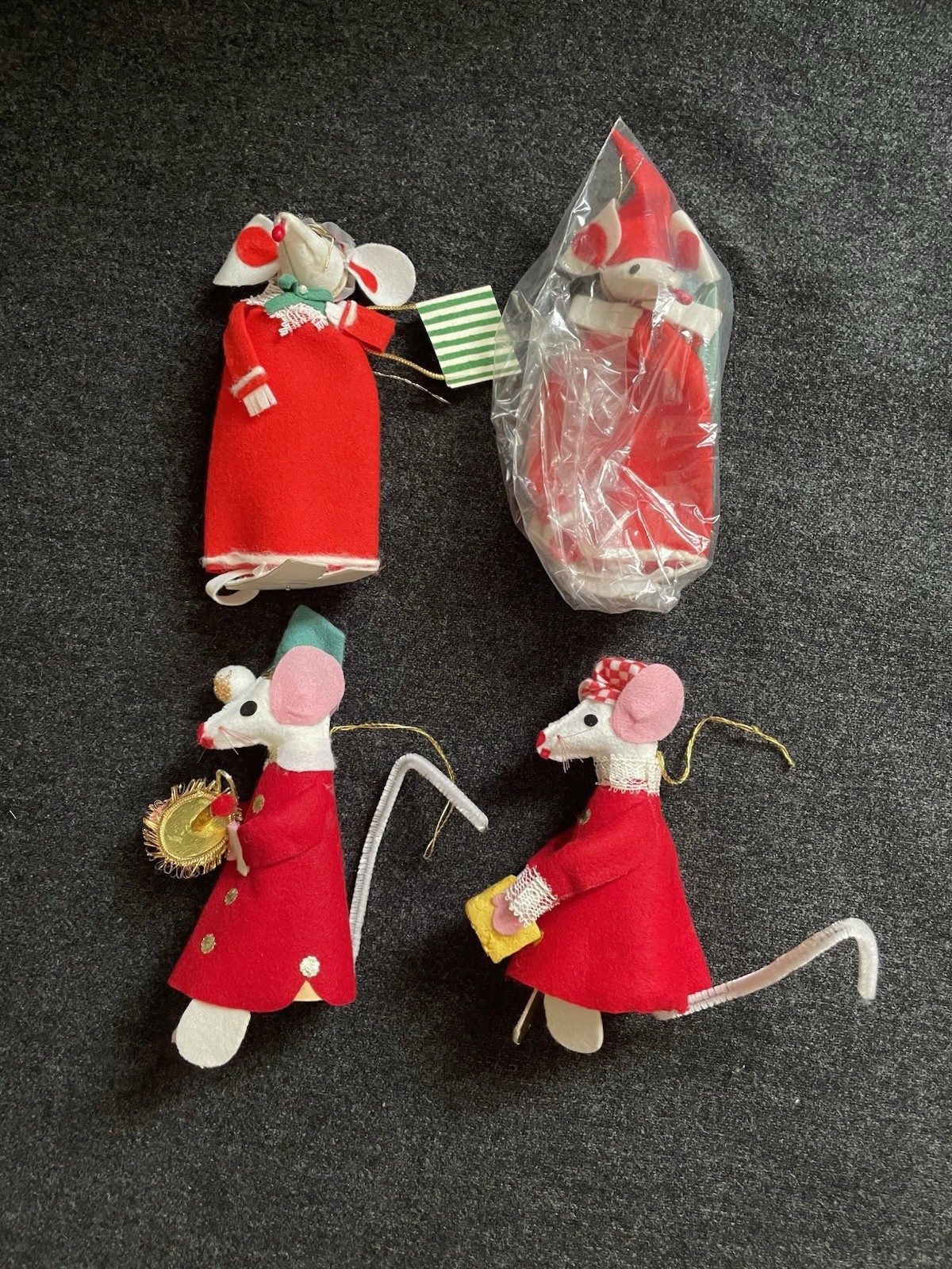 4 Vtg 1960s Mouse Flocked Felt Christmas Ornaments Japan