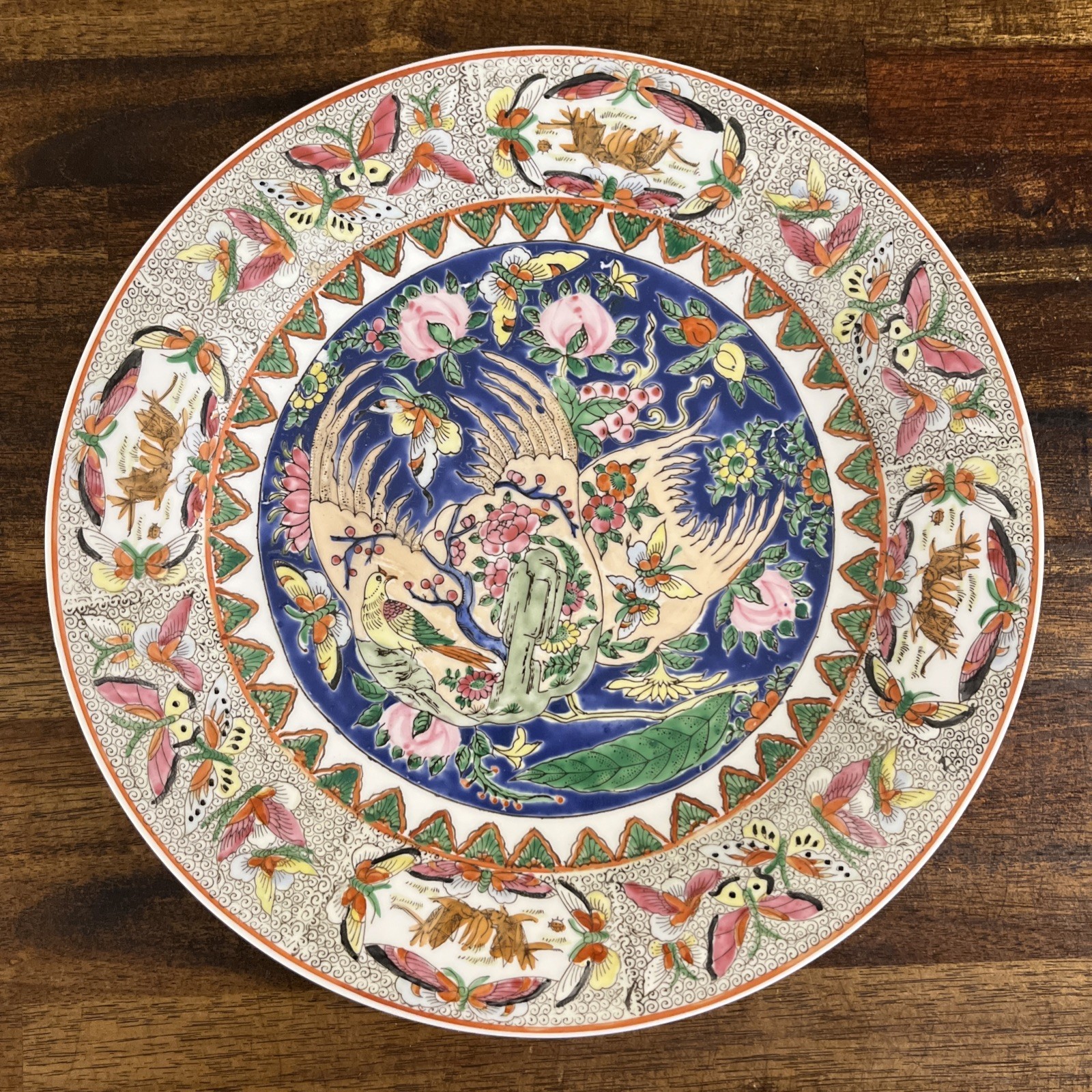 VTG Chinese Porcelain Hand Painted Rose Medallion Plate Butterflies Birds 10.5”