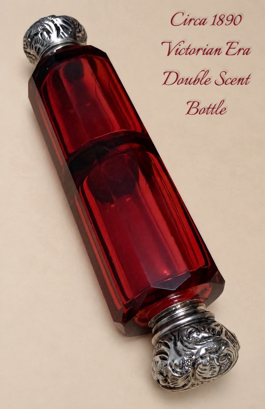 Antique c1890 English Victorian Rich Ruby Red 10 Facet Glass Double Scent Bottle