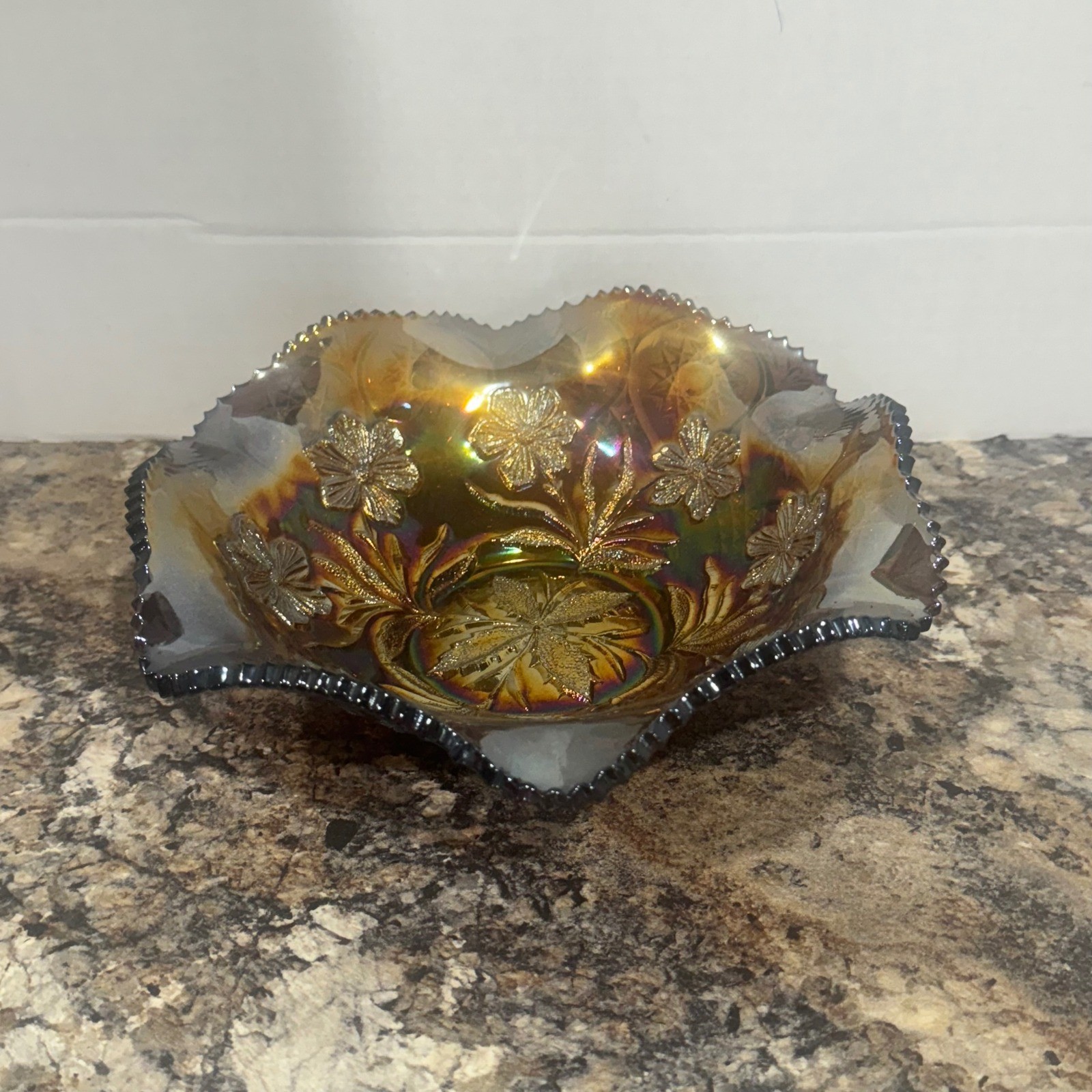 Vintage Amethyst Carnival Glass Ruffled Bowl Floral Hearts Stars Iridescent 8.5