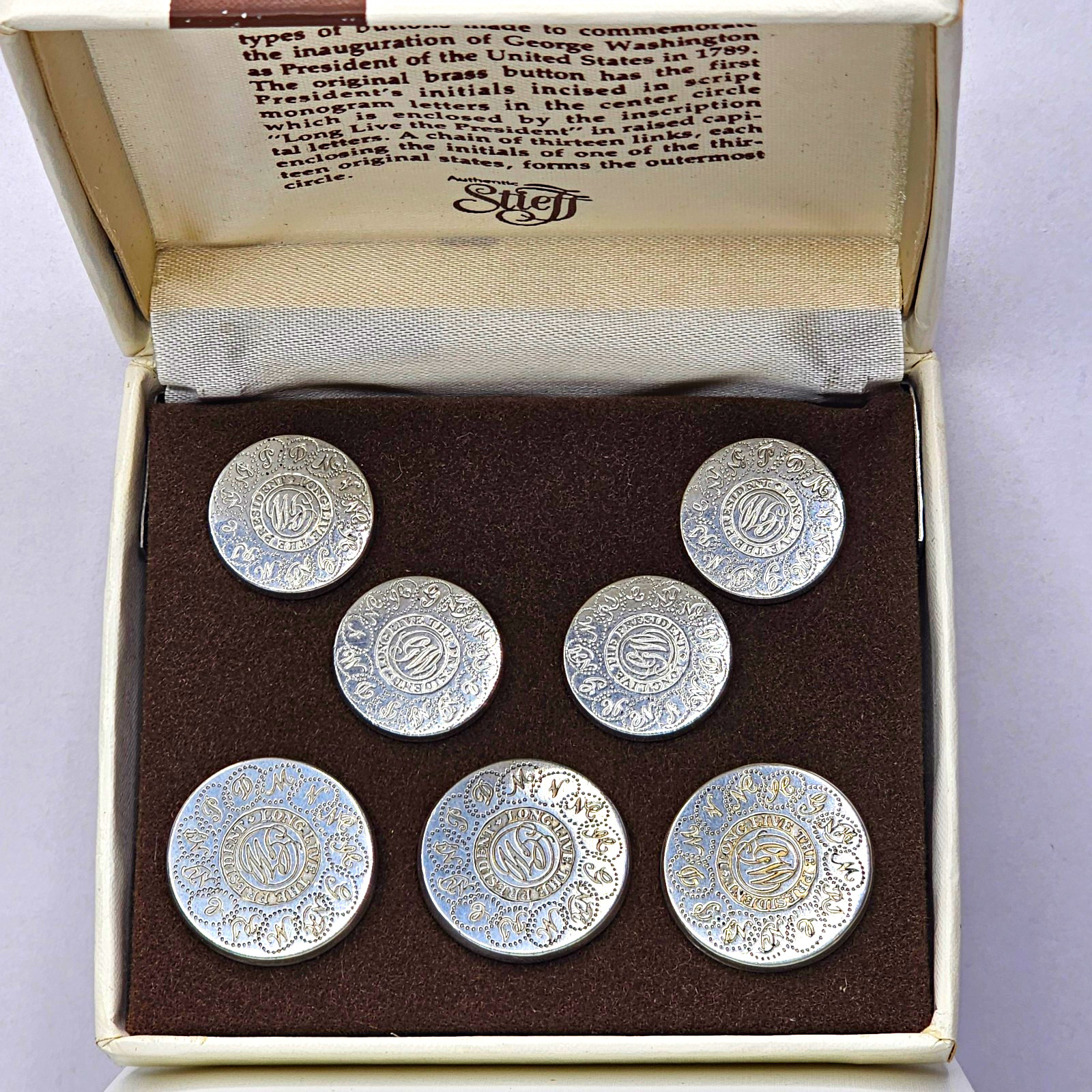 Stieff Smithsonian Washington Inaugural Etched Pewter Blazer Buttons Set of 7