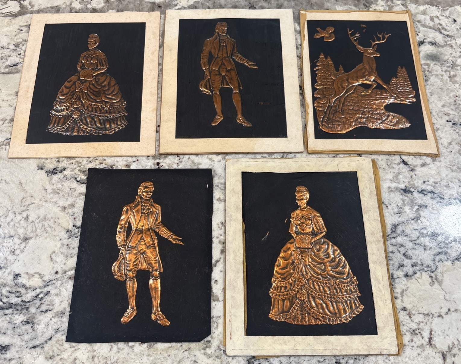5 VINTAGE Embossed Hammered Copper Victorian Lady And Gentlemen Deer Unframed