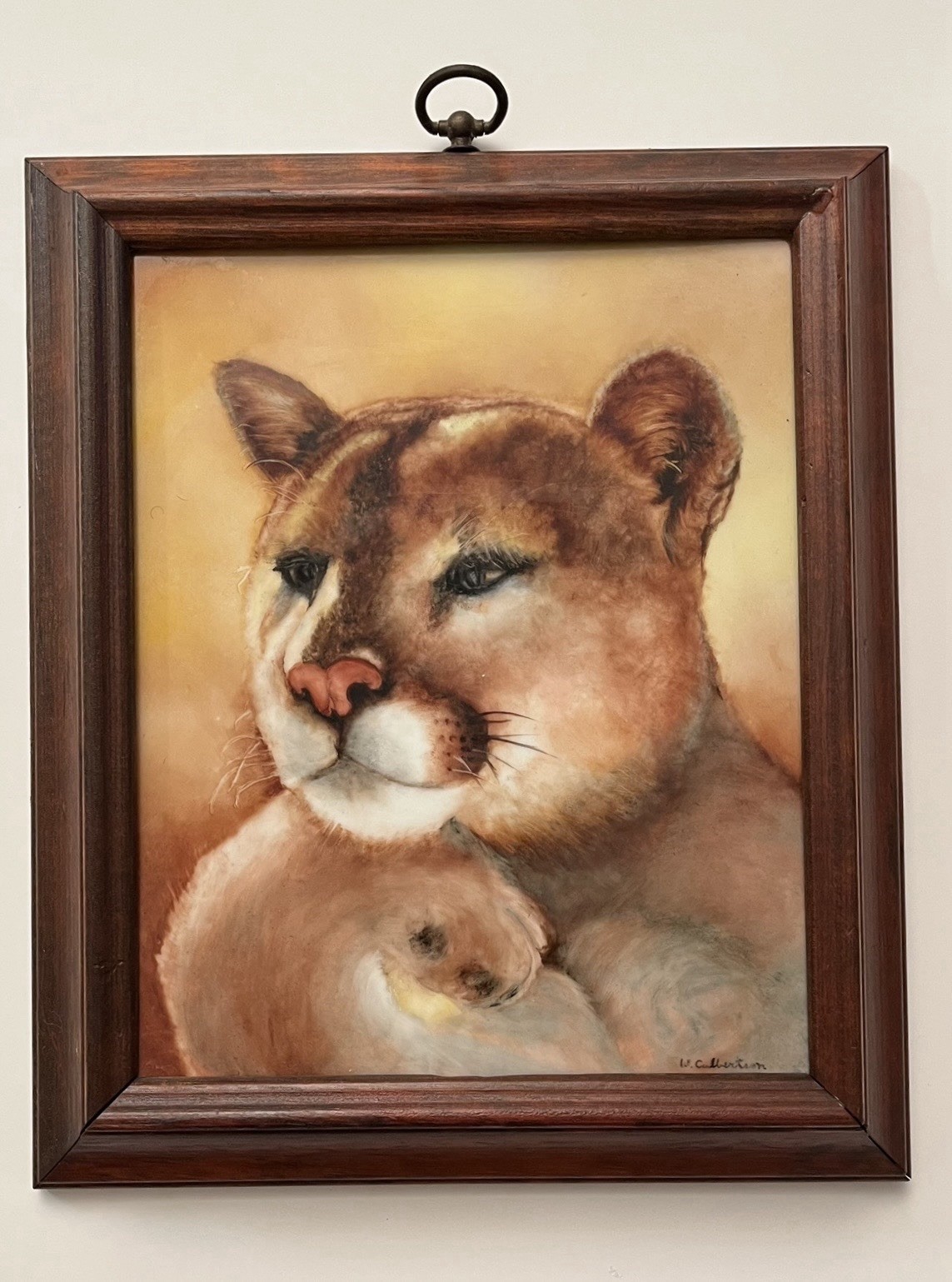 ⁠Vintage Hand-Painted Framed Tile Wall Art Cougar Portrait by W. Culbertson
