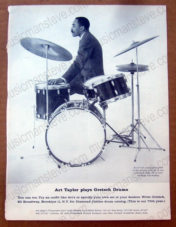 original 1958 GRETSCH DRUMS print ad - ART TAYLOR  & his Gretsch drum kit