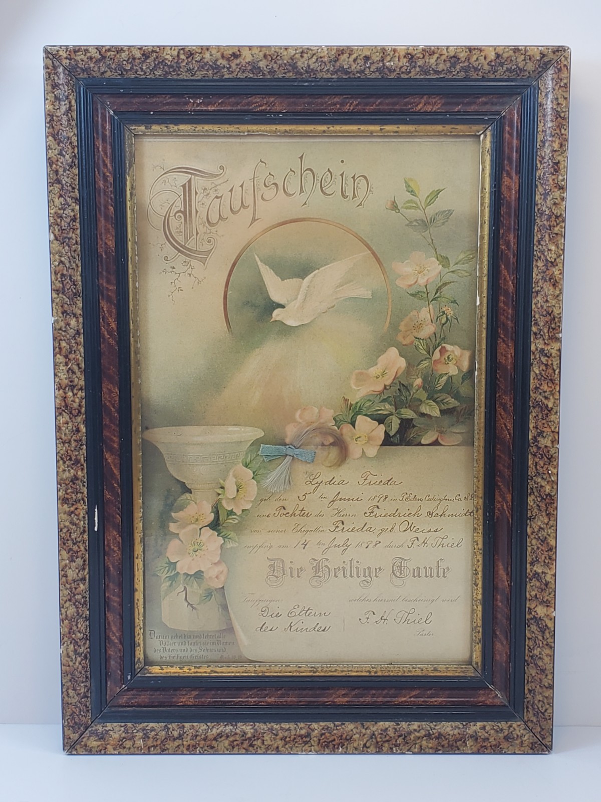 Antique German Baptismal Certificate 1898 Framed 12.5