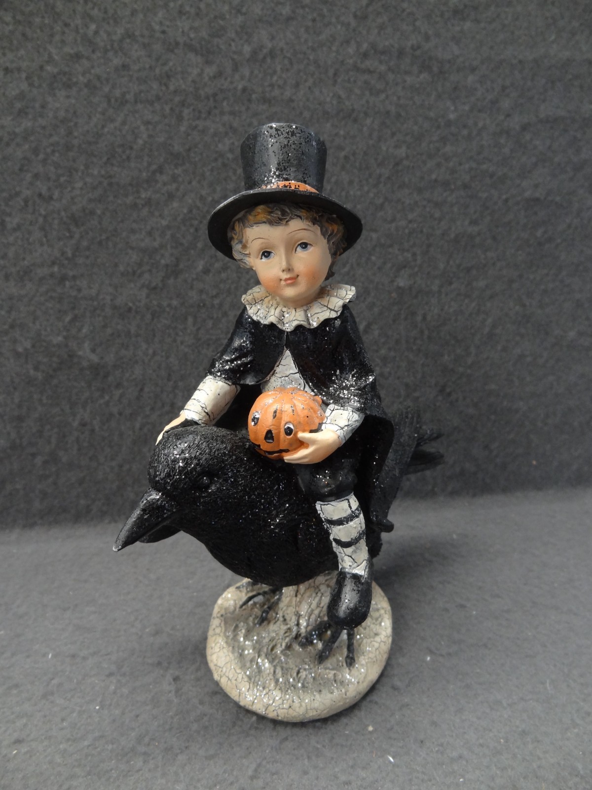 VTG Bethany Lowe Halloween Henry Riding A Crow Boy Bird Figure Glitter Black Hat