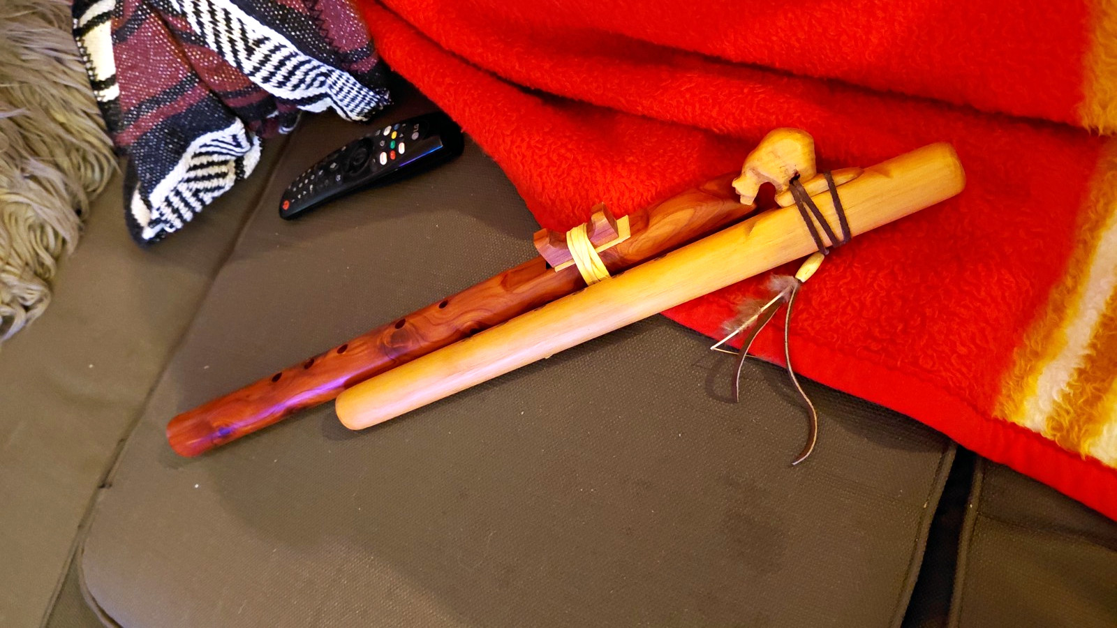 Native American Style Wooden Flute/Whistle, Carved Totem, Marked “NAVAJO”
