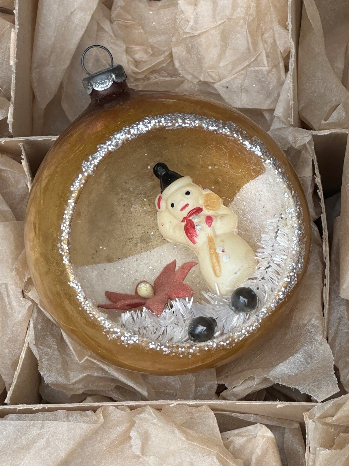 Vintage Japan Gold Diorama Snowman Poinsetta Glass Ornament