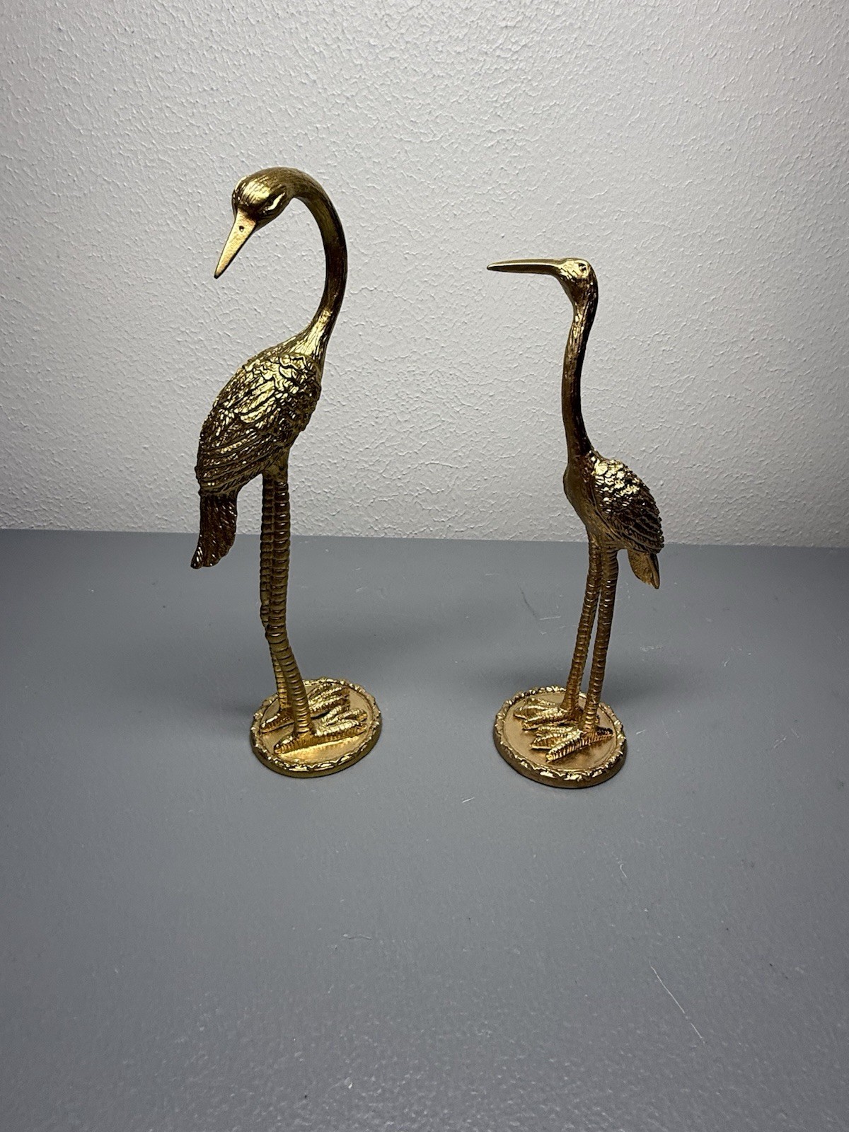 Crane Egret Heron Bird Figures Metal Gold Brass Tone Mid Century 8” Vintage