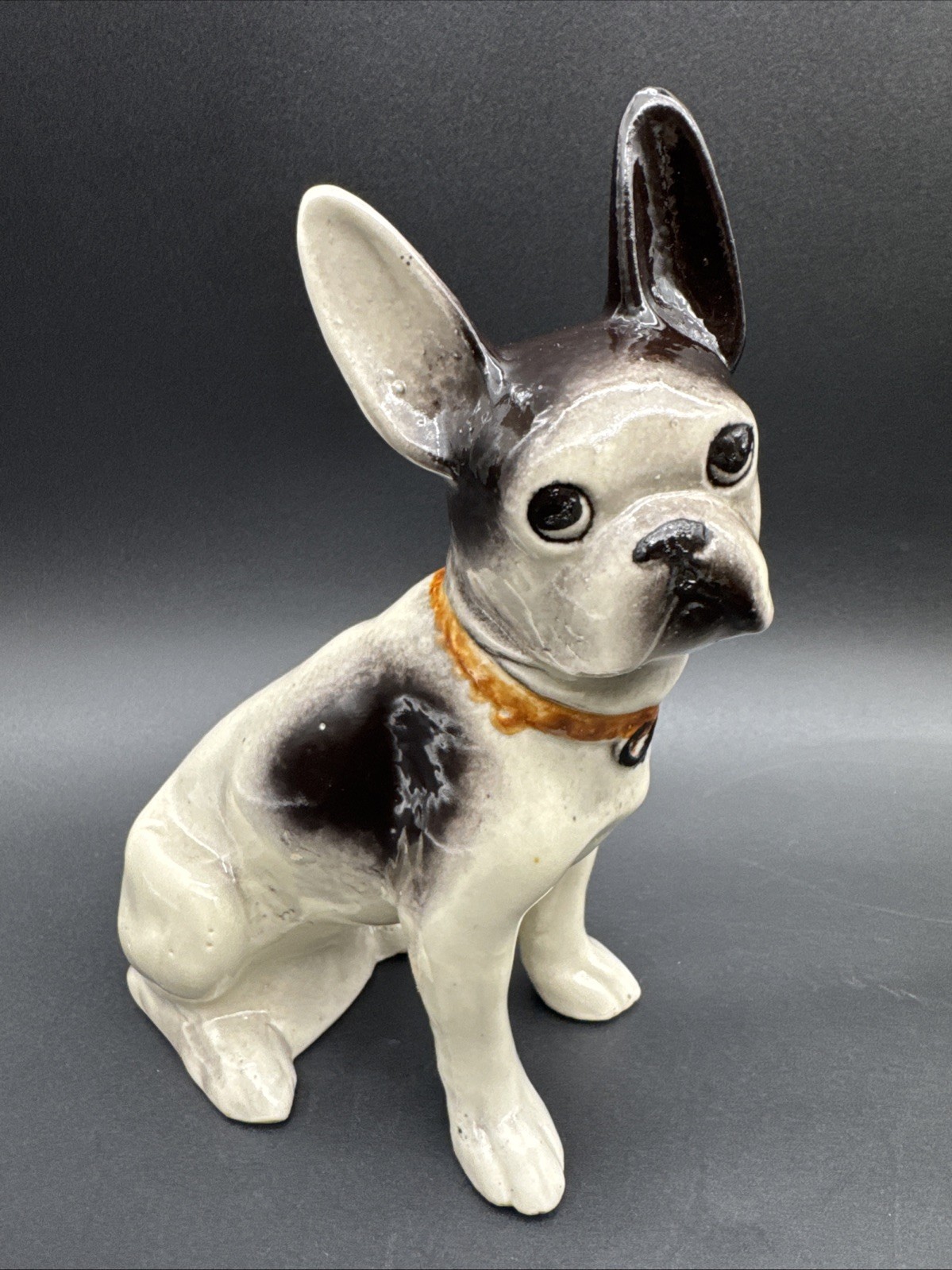 Vintage Frenchie French Bulldog Black White Ceramic Figurine Puppy Big Ear