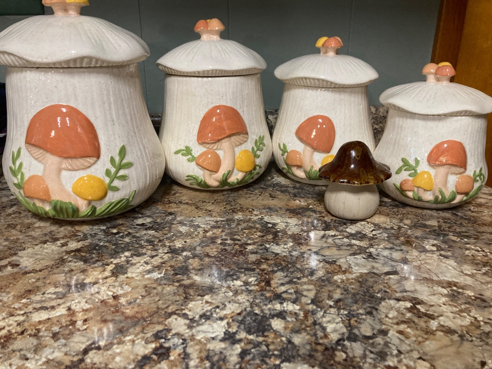 Vintage 1970s Arnel’s Ceramic Orange Mushroom 4 Piece Canister Set + Lids